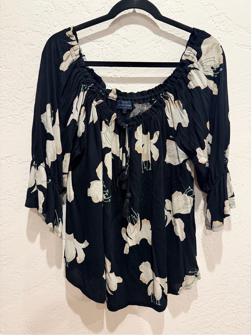 Lucky Brand Black Floral Boho Peasant Blouse